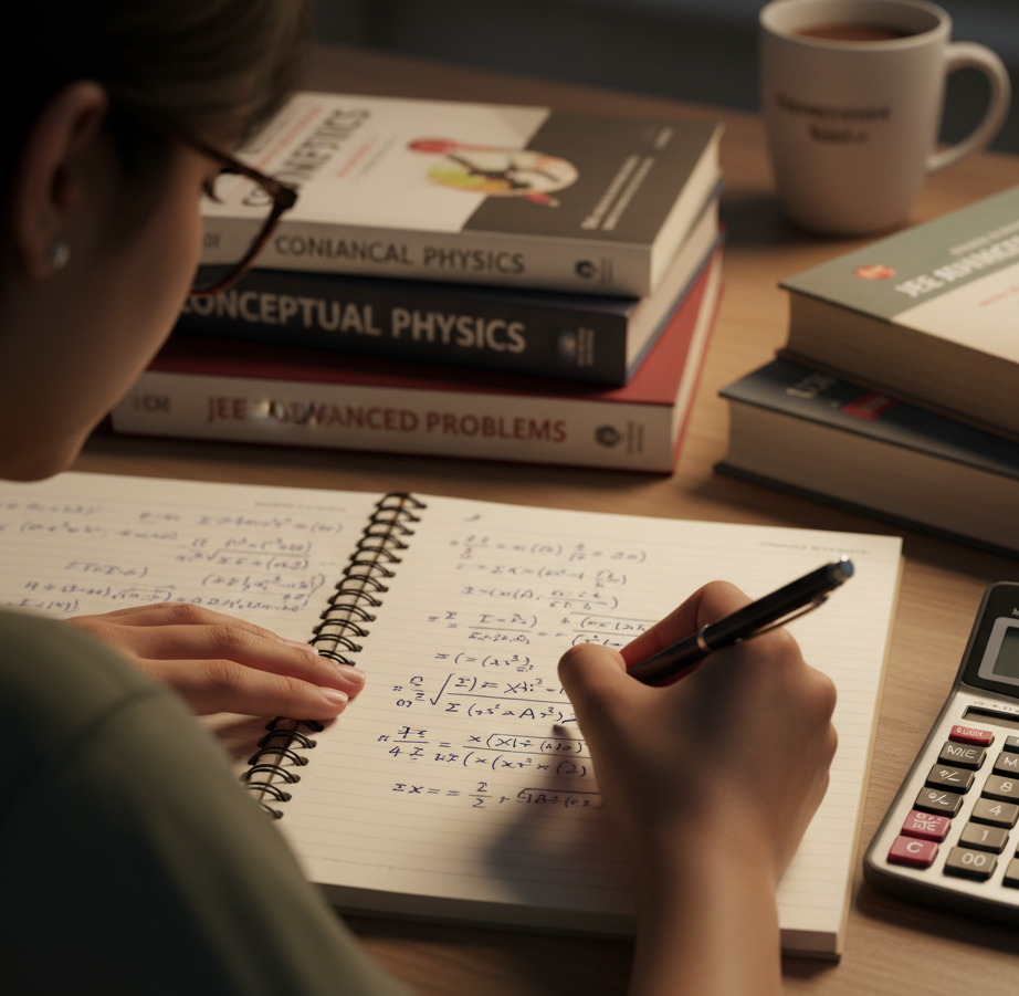 Student working through physics problems in a notebook